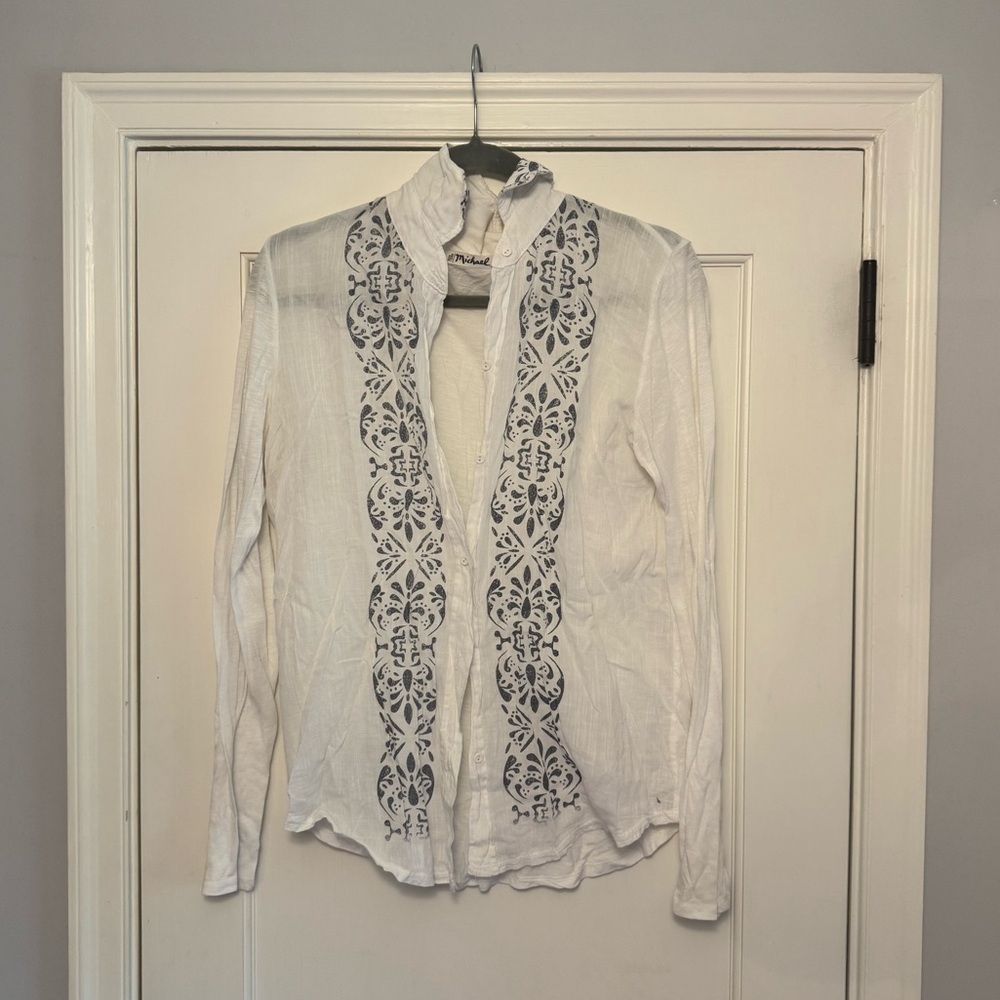White Patterened Women's Button Up